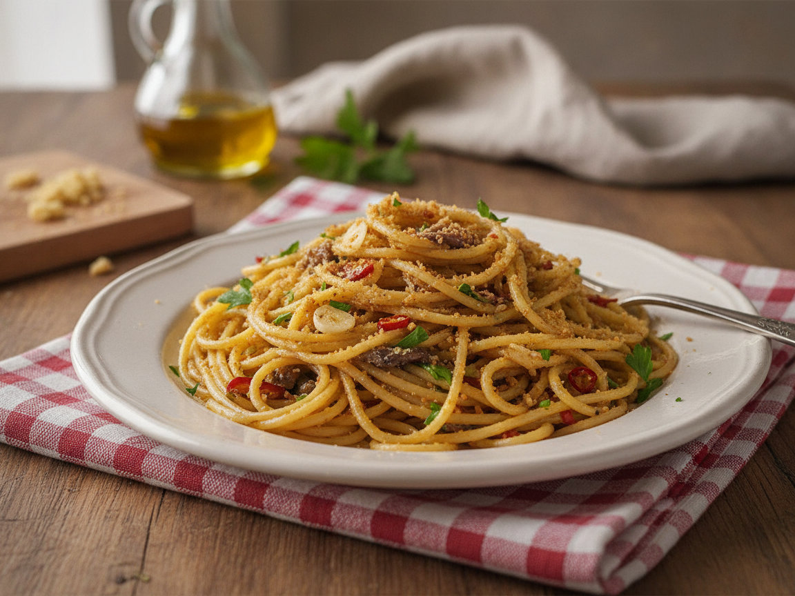 Spaghetti con mollica e alici