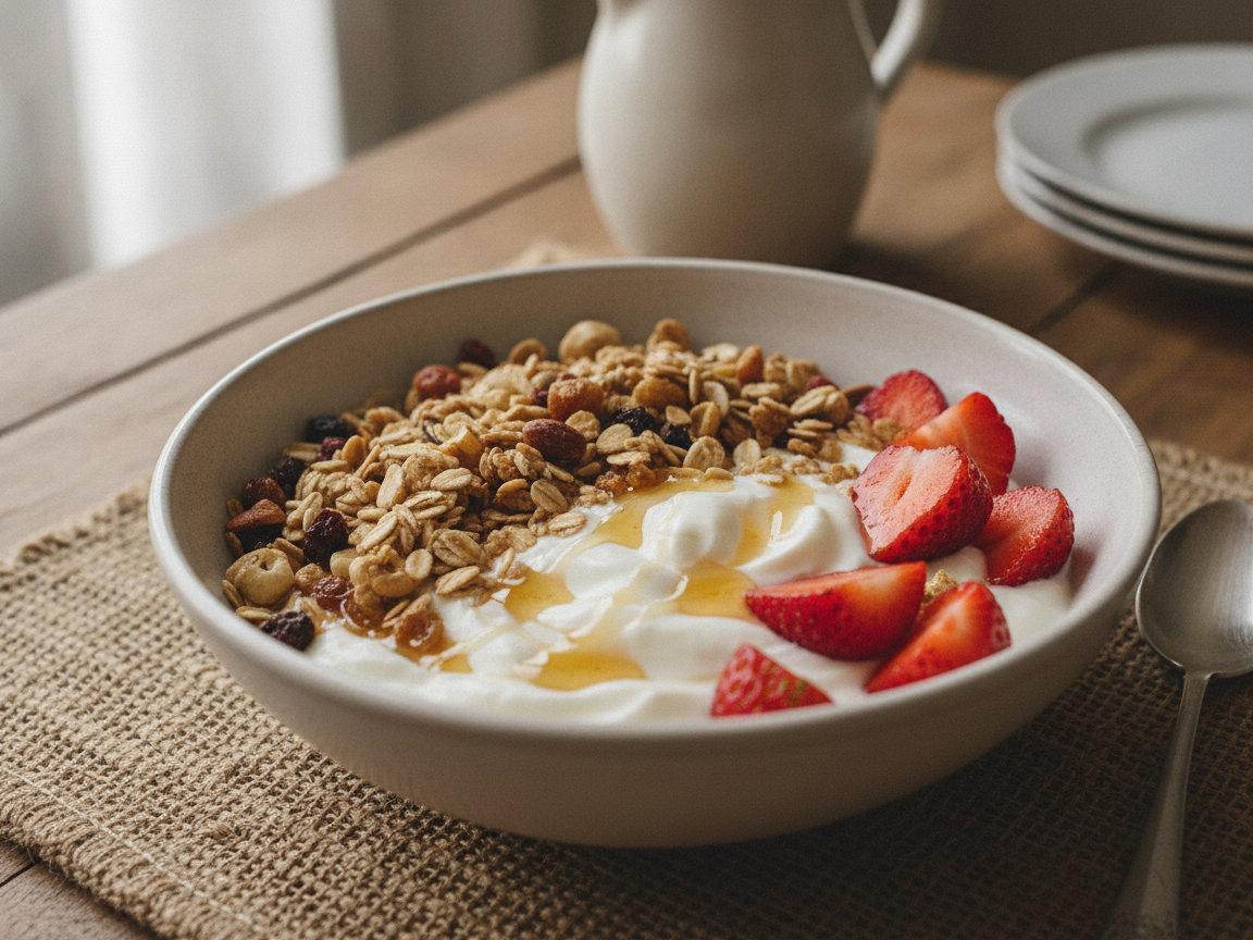 Yogurt greco con muesli e fragole