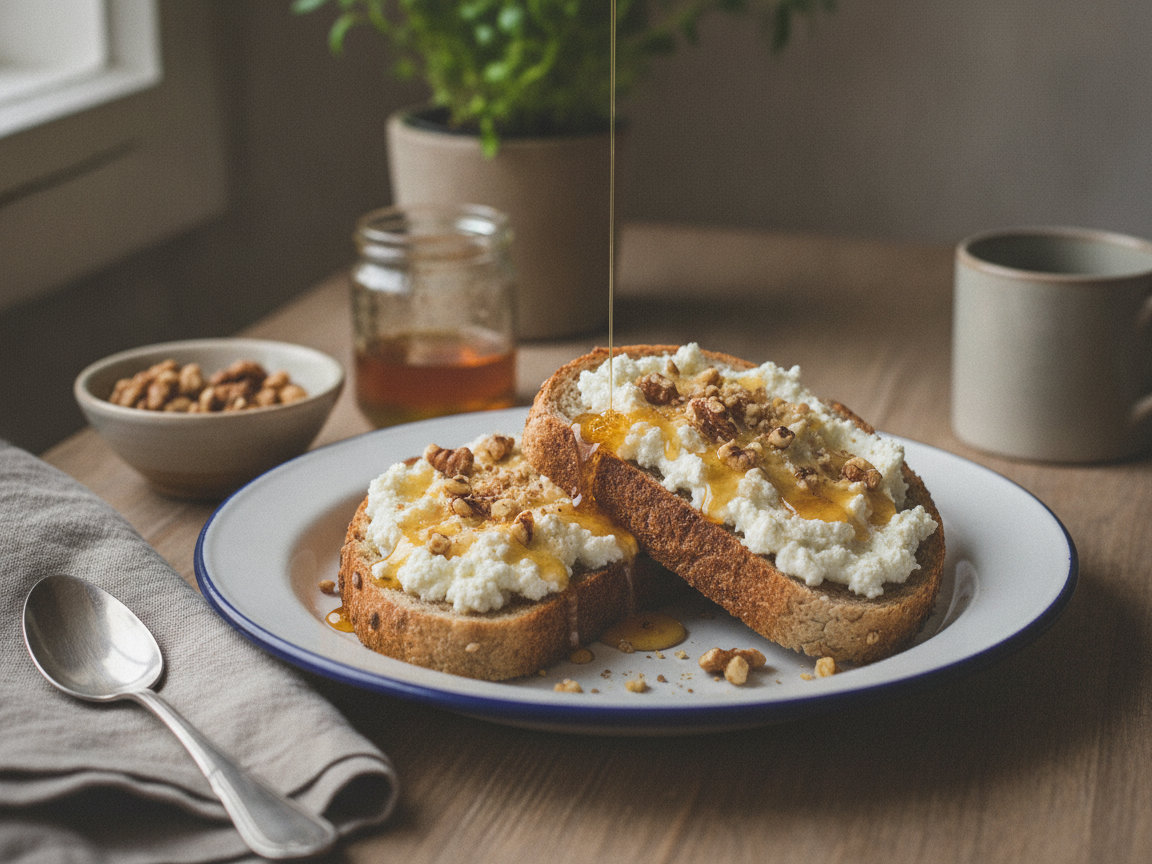 Toast integrale con ricotta, miele e noci