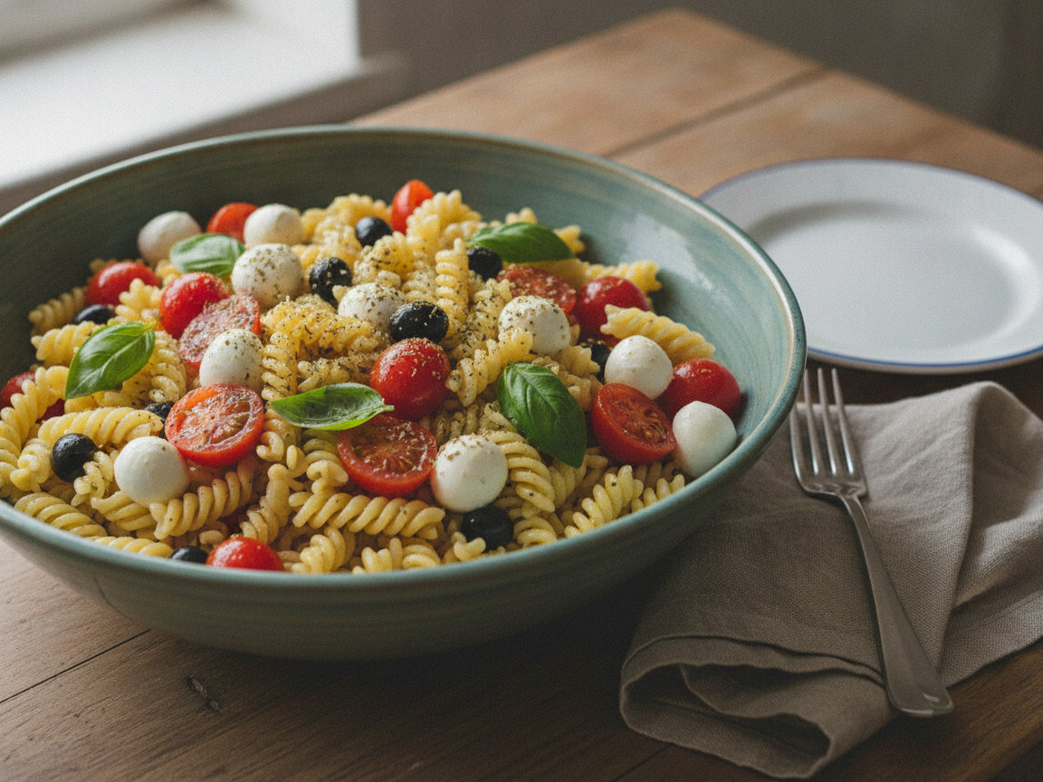 Pasta fredda con pomodorini, mozzarella e basilico