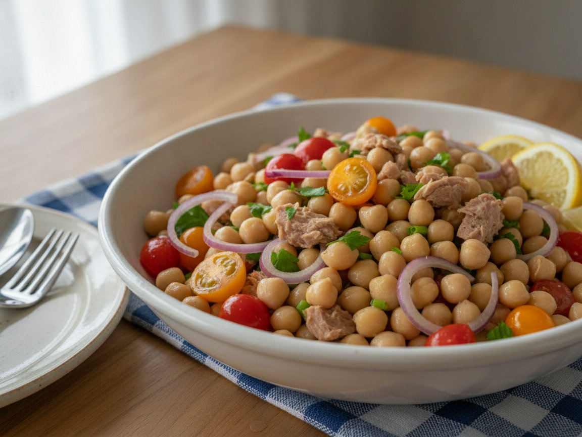 Insalata di ceci, tonno e cipolla rossa